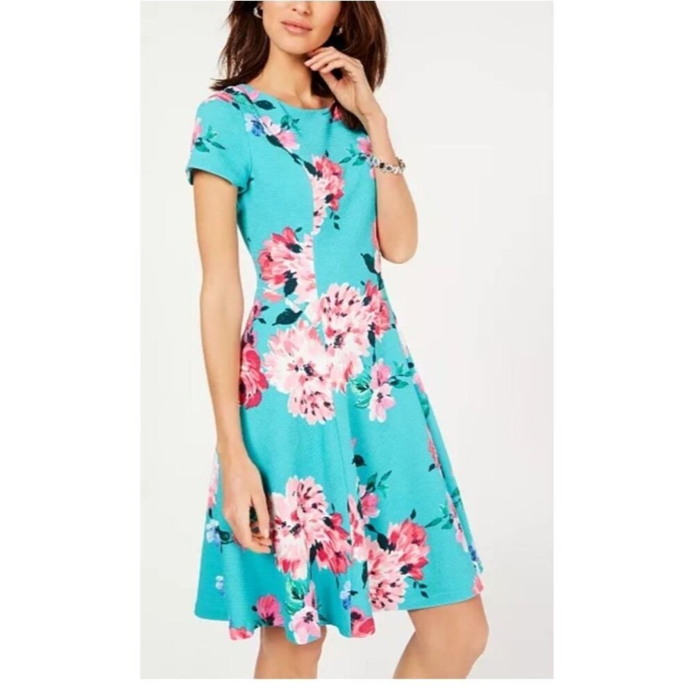 Jessica Howard Fit & Flare Floral Dress Size10P Turquoise Vibrant Casual Work